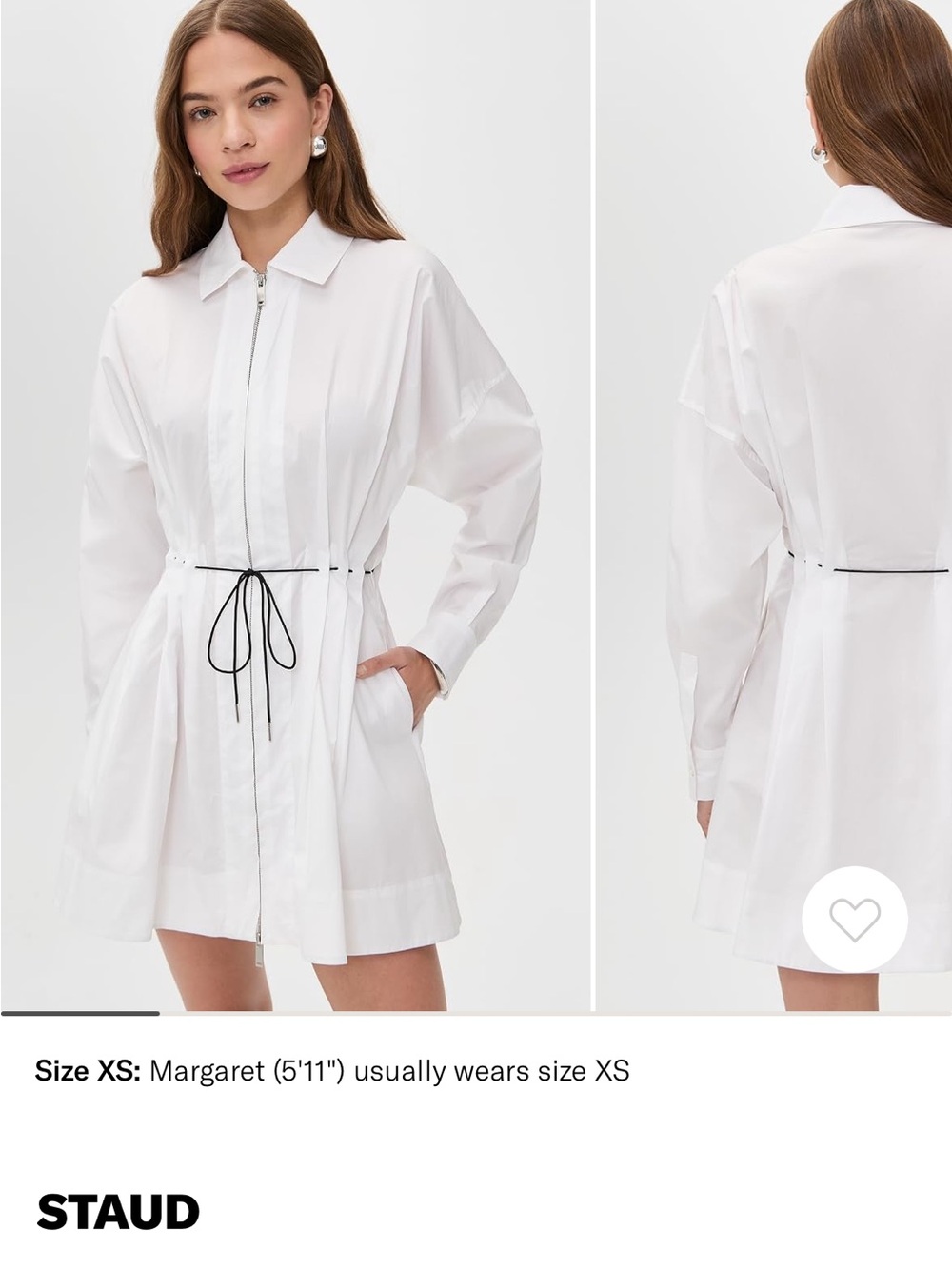 STAUD White Mini Shirt Dress with Black Drawstring